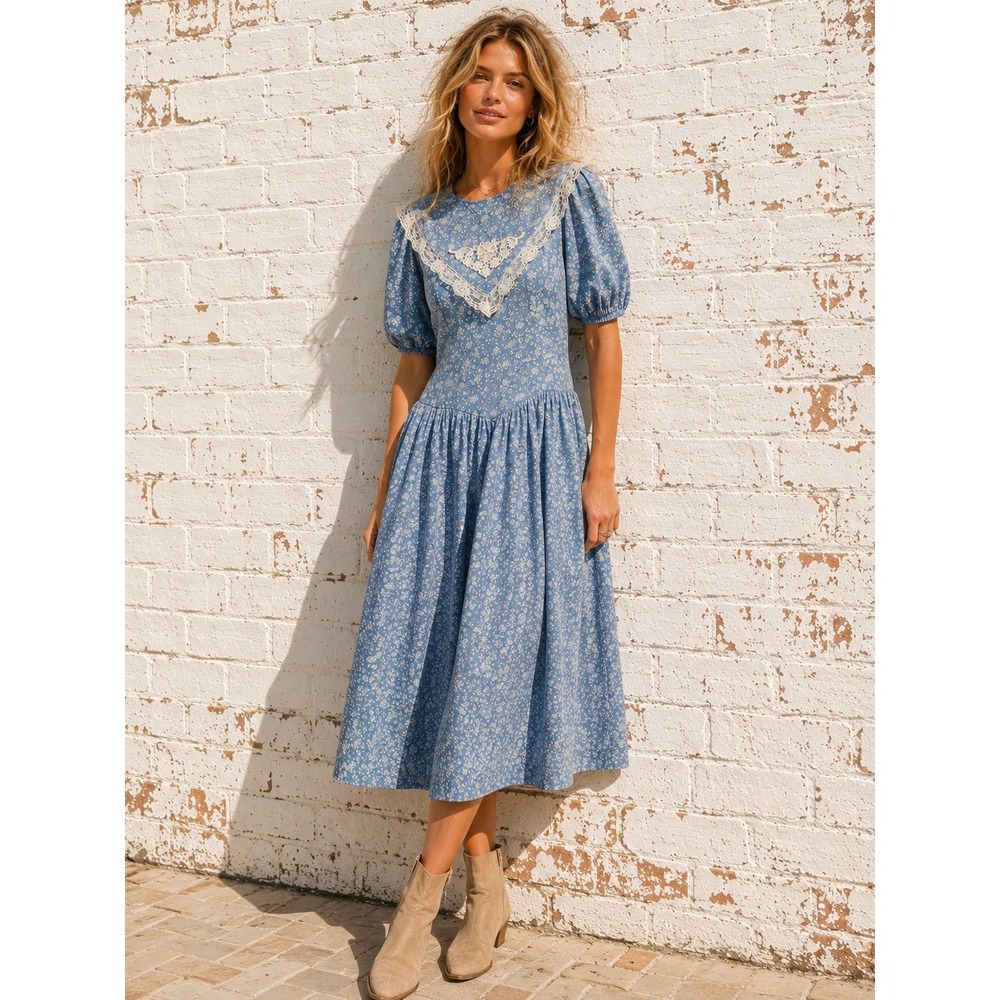Vintage Maggie Lawrence Blue Floral Cotton Lace Collar‎ Prairie Midi Dress 11/12